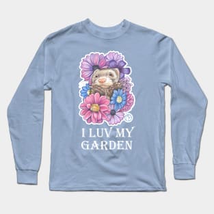 Ferret And Flowers - I Luv My Garden - White Outlined Version Long Sleeve T-Shirt